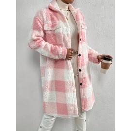 Women's Plaid Pattern Teddy Coat - Elegant Open Front Long Sleeve Outerwear