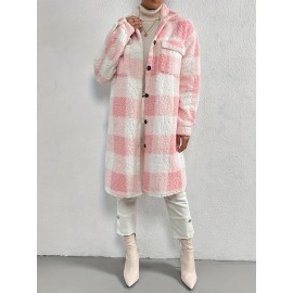 Women's Plaid Pattern Teddy Coat - Elegant Open Front Long Sleeve Outerwear