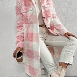 Women's Plaid Pattern Teddy Coat - Elegant Open Front Long Sleeve Outerwear