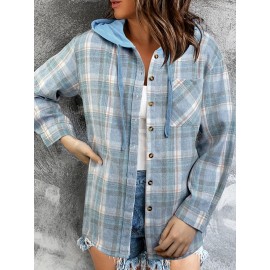 Plaid Print Hooded Jacket, Casual Drawstring Long Sleeve Button Front Outerwear For Spring & Fall, Women's Clothing