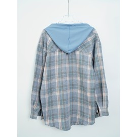 Plaid Print Hooded Jacket, Casual Drawstring Long Sleeve Button Front Outerwear For Spring & Fall, Women's Clothing