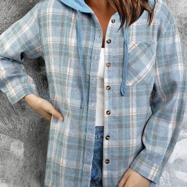 Plaid Print Hooded Jacket, Casual Drawstring Long Sleeve Button Front Outerwear For Spring & Fall, Women's Clothing