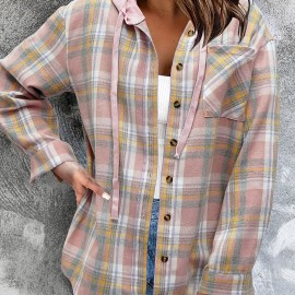 Plaid Print Hooded Jacket, Casual Drawstring Long Sleeve Button Front Outerwear For Spring & Fall, Women's Clothing