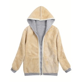 Women's Fuzzy Hooded Jacket - Casual Zip Up Outerwear with Drawstring and Long Sleeves