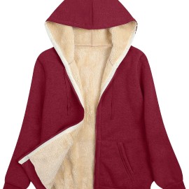 Women's Fuzzy Hooded Jacket - Casual Zip Up Outerwear with Drawstring and Long Sleeves