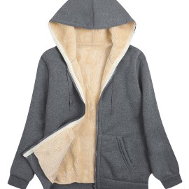 Women's Fuzzy Hooded Jacket - Casual Zip Up Outerwear with Drawstring and Long Sleeves