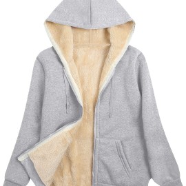 Women's Fuzzy Hooded Jacket - Casual Zip Up Outerwear with Drawstring and Long Sleeves