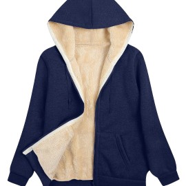 Women's Fuzzy Hooded Jacket - Casual Zip Up Outerwear with Drawstring and Long Sleeves