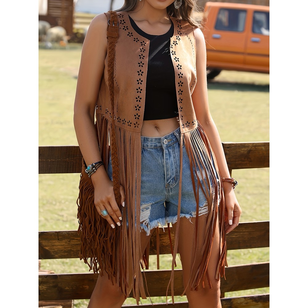 Hippie Eyelet Fringe Sleeveless Jacket, Open Front Tassel Jacket For All Seasons, Women's Clothing