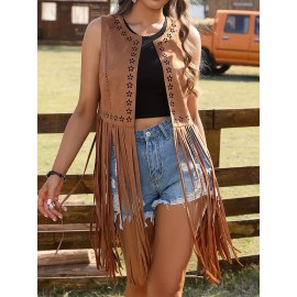 Hippie Eyelet Fringe Sleeveless Jacket, Open Front Tassel Jacket For All Seasons, Women's Clothing