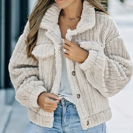 Women's Solid Faux Fur Trucker Jacket - Casual Long Sleeve Winter Coat for Fall & Winter