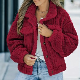 Women's Solid Faux Fur Trucker Jacket - Casual Long Sleeve Winter Coat for Fall & Winter