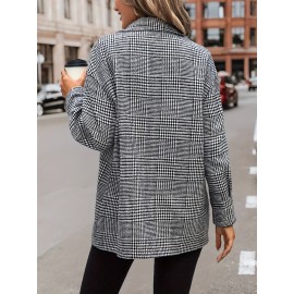 Houndstooth Flap Pockets Jacket, Casual Long Sleeve Single Breasted Jacket, Women's Clothing