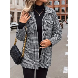 Houndstooth Flap Pockets Jacket, Casual Long Sleeve Single Breasted Jacket, Women's Clothing