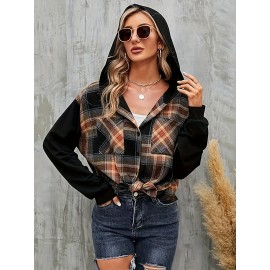 Vintage Plaid Hooded Jacket for Women - Stylish Color Block Outwear for Spring & Fall