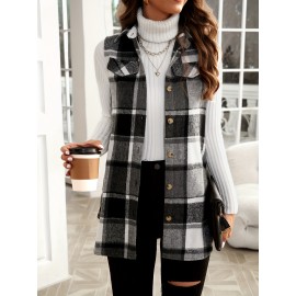 Women's Plaid Pattern Sleeveless Button Front Vest - Casual and Stylish Addition to Your Wardrobe