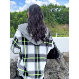 Women's Plaid Hooded Jacket - Casual Drawstring Fall Coat