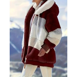 Women's Color Block Fuzzy Hooded Coat - Casual Long Sleeve Winter Warm Outerwear