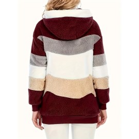 Women's Color Block Fuzzy Hooded Coat - Casual Long Sleeve Winter Warm Outerwear