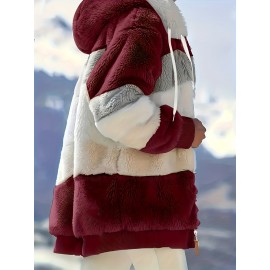 Women's Color Block Fuzzy Hooded Coat - Casual Long Sleeve Winter Warm Outerwear