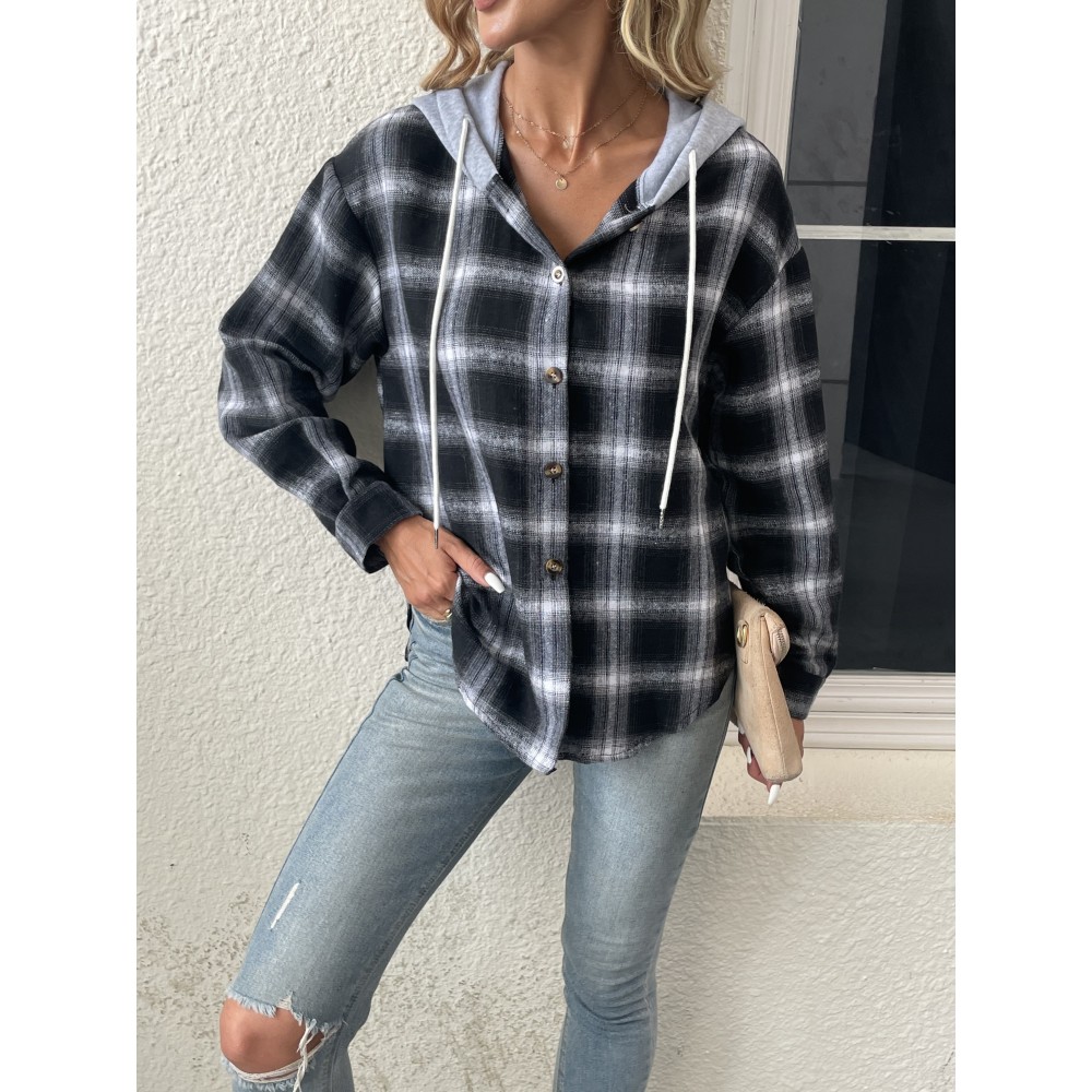 Plaid Print Hooded Jacket, Casual Drawstring Long Sleeve Button Front Outerwear, Women's Clothing