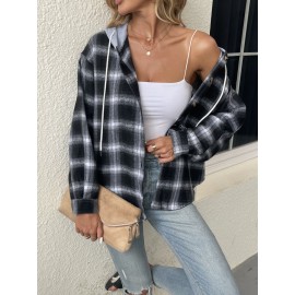 Plaid Print Hooded Jacket, Casual Drawstring Long Sleeve Button Front Outerwear, Women's Clothing