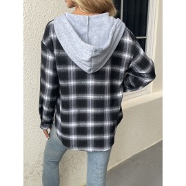 Plaid Print Hooded Jacket, Casual Drawstring Long Sleeve Button Front Outerwear, Women's Clothing