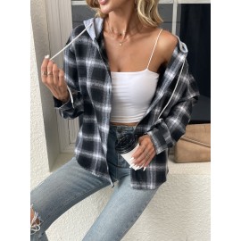 Plaid Print Hooded Jacket, Casual Drawstring Long Sleeve Button Front Outerwear, Women's Clothing