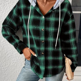 Plaid Print Hooded Jacket, Casual Drawstring Long Sleeve Button Front Outerwear, Women's Clothing