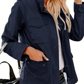 Solid Stand Collar Long Sleeve Pockets Jacket, Winter Warm Zipper Button Casual Outerwear, Women's Clothing