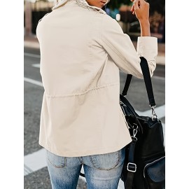 Solid Stand Collar Long Sleeve Pockets Jacket, Winter Warm Zipper Button Casual Outerwear, Women's Clothing