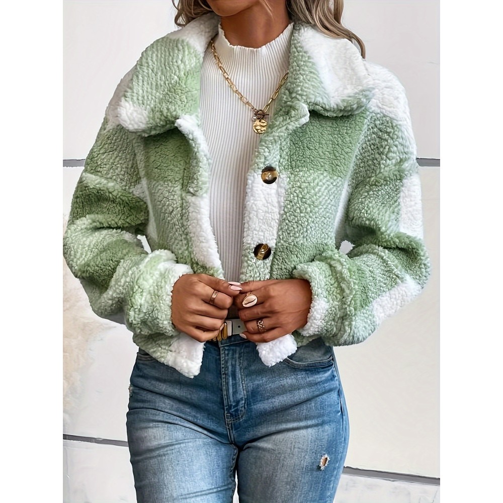 Plaid Pattern Button Front Teddy Coat - Women's Long Sleeve Winter Outwear