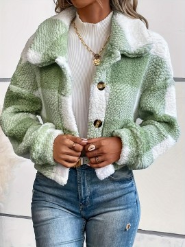 Plaid Pattern Button Front Teddy Coat - Women's Long Sleeve Winter Outwear