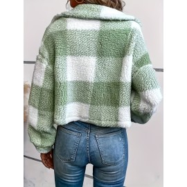 Plaid Pattern Button Front Teddy Coat - Women's Long Sleeve Winter Outwear