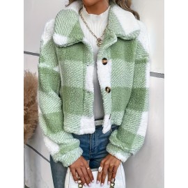 Plaid Pattern Button Front Teddy Coat - Women's Long Sleeve Winter Outwear