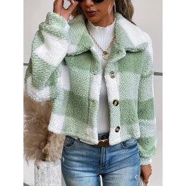 Plaid Pattern Button Front Teddy Coat - Women's Long Sleeve Winter Outwear