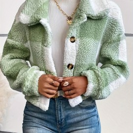 Plaid Pattern Button Front Teddy Coat - Women's Long Sleeve Winter Outwear