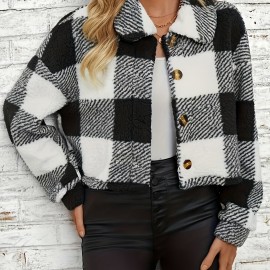 Plaid Pattern Button Front Teddy Coat - Women's Long Sleeve Winter Outwear