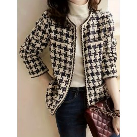 Women's Plaid Pattern Jacket - Elegant Crew Neck Open Front Long Sleeve Outerwear