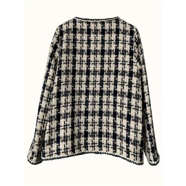 Women's Plaid Pattern Jacket - Elegant Crew Neck Open Front Long Sleeve Outerwear