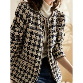 Women's Plaid Pattern Jacket - Elegant Crew Neck Open Front Long Sleeve Outerwear