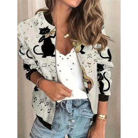 Graphic Print Zipper Jacket, Casual Baseball Neck Long Sleeve Outerwear, Women's Clothing