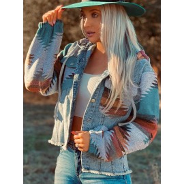 Women's Multicolor Aztec Print Frayed Hem Denim Jacket - Stylish Streetwear Outerwear with Loose Fit and Convenient Pockets