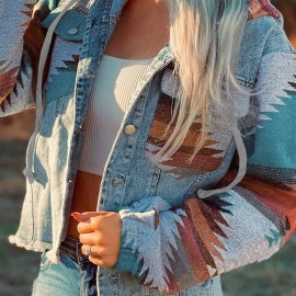 Women's Multicolor Aztec Print Frayed Hem Denim Jacket - Stylish Streetwear Outerwear with Loose Fit and Convenient Pockets