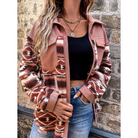 Aztec Pattern Teddy Jacket, Casual Button Front Long Sleeve Outerwear, Women's Clothing