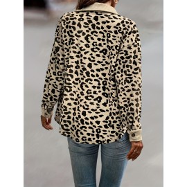 Leopard Print Button Plaid Jacket, Casual Flap Pockets Long Sleeve Jacket For Fall & Winter, Women's Clothing