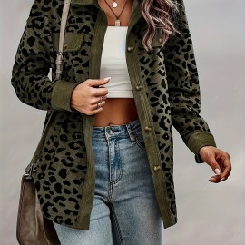 Leopard Print Button Plaid Jacket, Casual Flap Pockets Long Sleeve Jacket For Fall & Winter, Women's Clothing