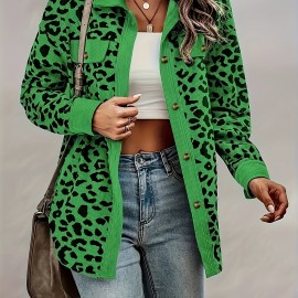 Leopard Print Button Plaid Jacket, Casual Flap Pockets Long Sleeve Jacket For Fall & Winter, Women's Clothing