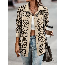 Leopard Print Button Plaid Jacket, Casual Flap Pockets Long Sleeve Jacket For Fall & Winter, Women's Clothing