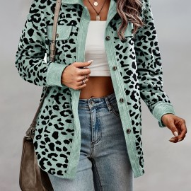 Leopard Print Button Plaid Jacket, Casual Flap Pockets Long Sleeve Jacket For Fall & Winter, Women's Clothing